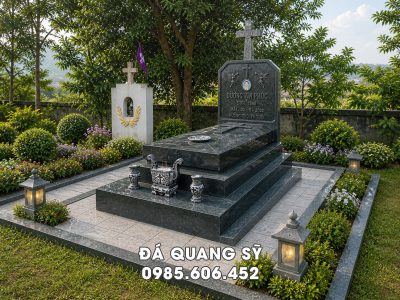 Mẫu Mộ Công giáo 3 cấp bằng đá xanh rêu chất lượng tại Ninh Bình