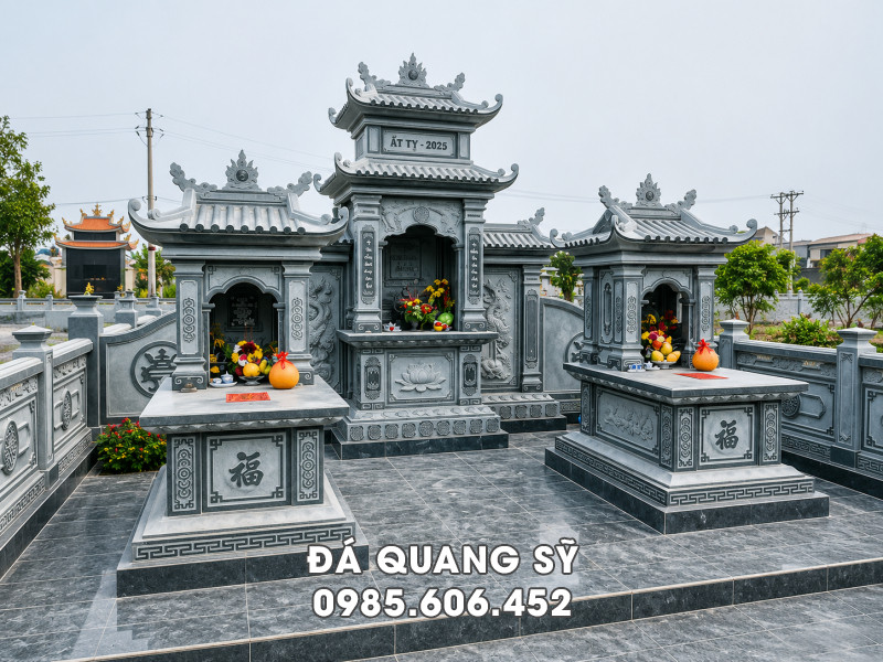 Tư vấn xây Lăng Mộ đá cho Bố Mẹ diện tích 40m2, với Mộ đá 1 mái, chất liệu đá xanh rêu 17 Mẫu Mộ đá 1 mái đẹp bằng đá xanh rêu