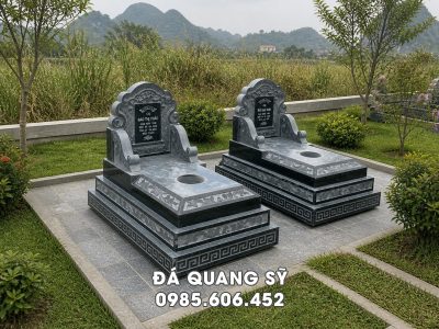 Mẫu Mộ đá 3 cấp nguyên khối cho phần mộ của Cha Mẹ, đá xanh rêu