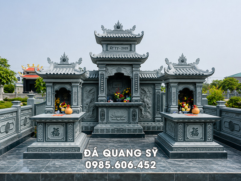 Tư vấn xây Lăng Mộ đá cho Bố Mẹ diện tích 40m2, với Mộ đá 1 mái, chất liệu đá xanh rêu 18 Mộ 1 Mái Đẹp và Lăng Thờ Đá 2 Mái - Tỷ lệ cân đối, hài hòa
